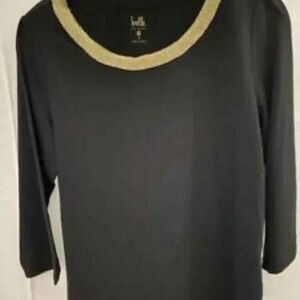 Belle By Kim Gravel Women's Top Size Small Black Gold Mesh Trim 3/4 Sleeves